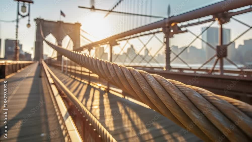 Aufkleber Focus on the textured surface of a suspension cable showing detailed patterns of rust and wear illuminated by bright sunlight filtering through nearby structures.