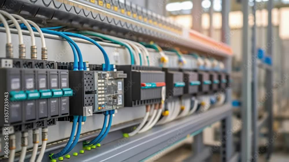 Aufkleber Focused view of programmable logic controllers PLCs wired and interconnected illustrating the complex electronic heartbeat of modern manufacturing.