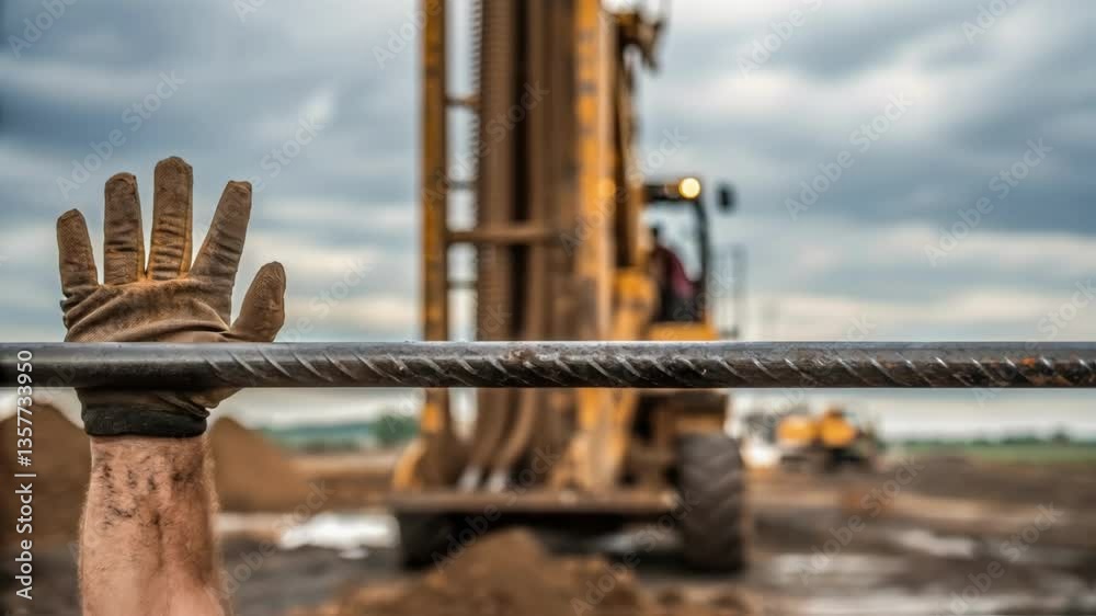 Aufkleber Hands covered in mud gripping an iron rod with the pile driver looming in the background signifying the physical labor intertwined with hightech machinery on site.