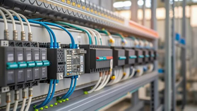 Focused view of programmable logic controllers PLCs wired and interconnected illustrating the complex electronic heartbeat of modern manufacturing.