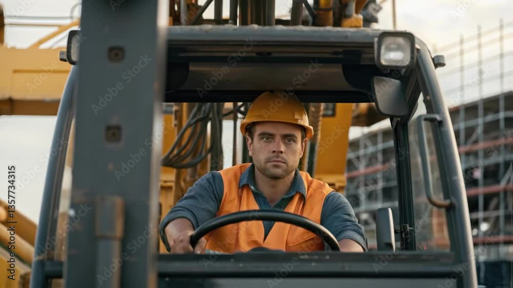 Poster Medium closeup capture of a worker operating heavy machinery gripped in concentration as they maneuver a crane to place a bridge support showcasing the blend of technology and