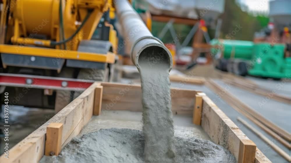 Poster medium closeup of a concrete pump hose delivering a steady stream of gray concrete into a wooden fra