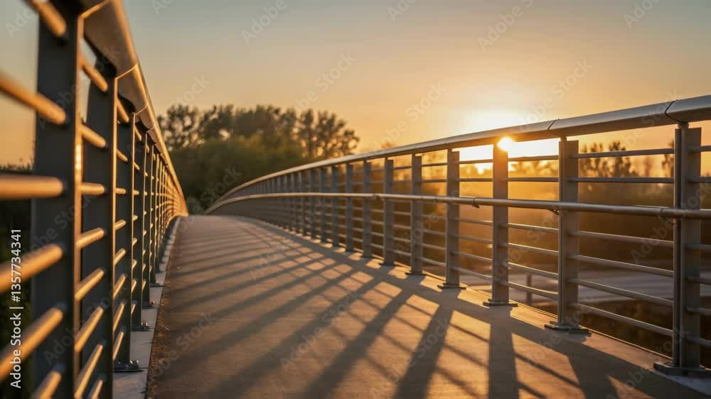 Poster medium closeup of a bridge section with freshly installed railings catching the golden light of suns