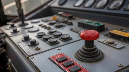 Medium closeup of a cranes control panel covered in switches and dials with a focus on the red emergency stop button standing out prominently amid the controls. - Powered by Adobe