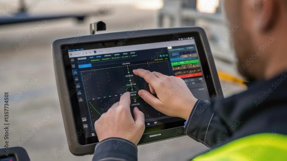 Fototapete Medium closeup of a drones view screen showing realtime data analysis as a technician assesses blade integrity from a height emphasizing technology in maintenance.