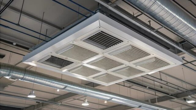 Medium closeup of a factorys ceiling with an installed air filtration system featuring modern vents and the surrounding ceiling structure.
