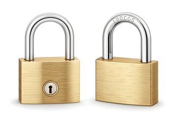 Fototapeta premium Two brass padlocks, security lock isolated on white background