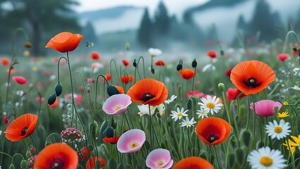 Obraz premium A field of vibrant poppies and daisies with foggy mountains rising in the background