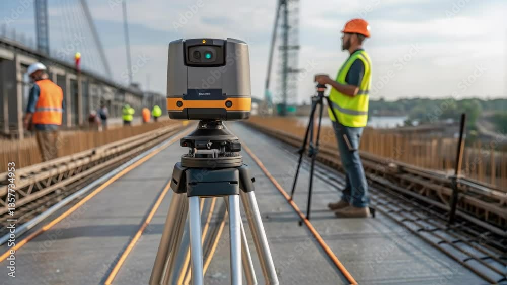 Poster Medium closeup of a robotic surveying device measuring the bridges alignment showcasing advanced technology in the construction process against a backdrop of workers in action.