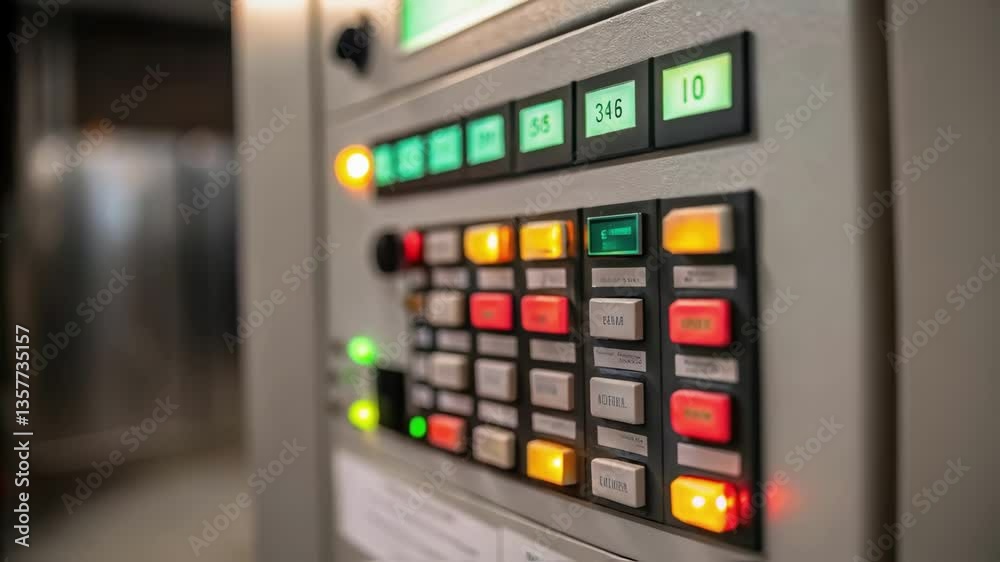 Aufkleber Medium closeup of a technician adjusting the settings on a control panel with buttons illuminated in different colors indicating operational status.
