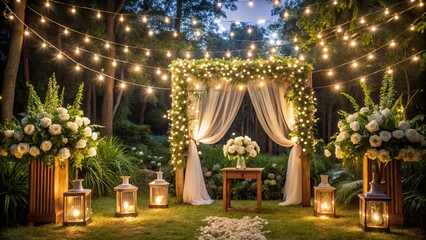 Romantic Night Wedding Ceremony Garden Setup: String Lights, White Flowers, Wooden Altar