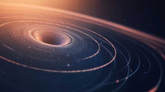 Detailed diagram of planetary gravity wells depicted in space on a minimalist background