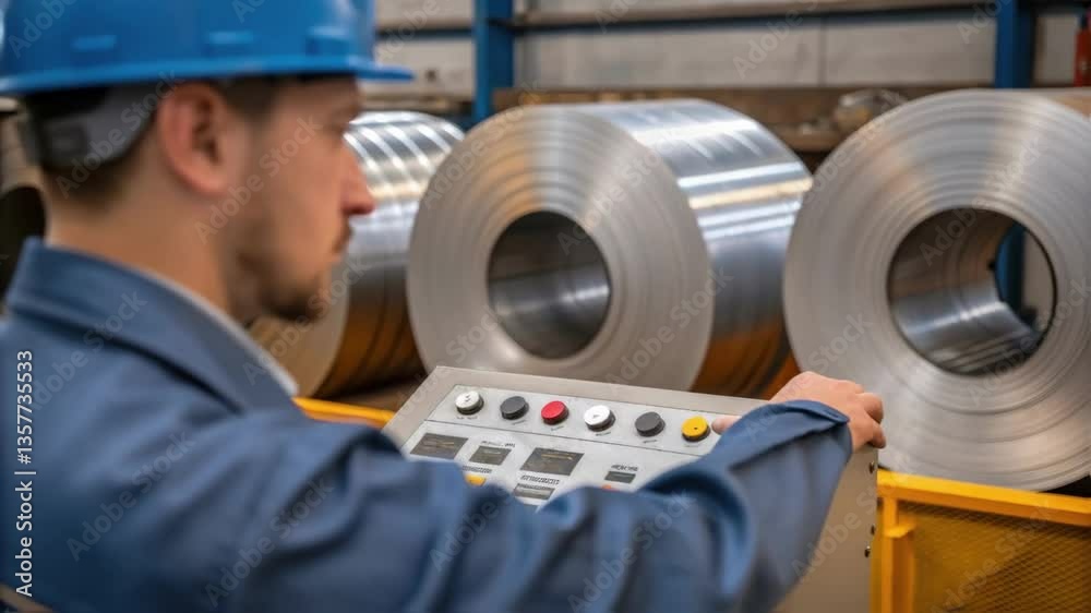 Poster Medium closeup of a worker operating a machinery control panel with several steel coils visible in the background highlighting the precision of the manufacturing process.