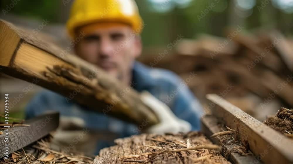 Aufkleber Medium closeup of a worker in a hard hat inspecting a pile being driven into the ground the focus on their hands holding tools and the textured surface of the wooden pile.