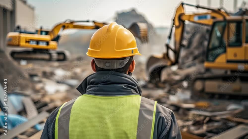 Poster medium closeup of a worker in a hard hat surveying the chaotic scene with tered debris and heavy mac