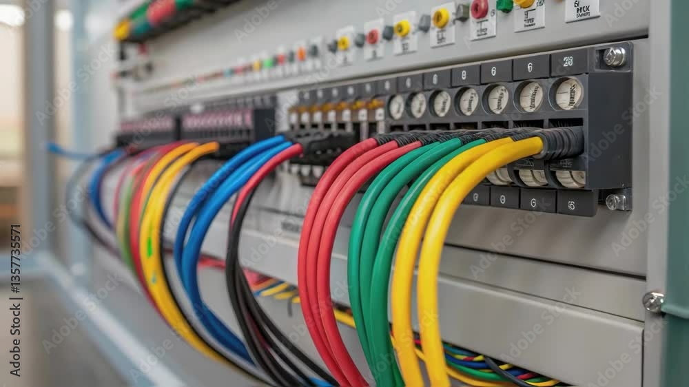 Poster medium closeup of colorful cables and wiring being organized and connected on a control panel showca