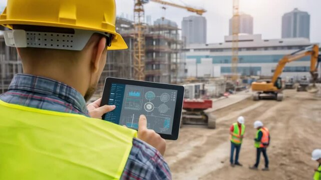 Medium closeup of a worker using a tablet to input data on production progress with digital notes and diagrams displayed highlighting the integration of technology in modern