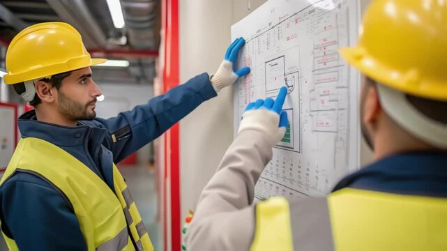 Medium closeup of employees wearing safety helmets and gloves discussing their escape route while reviewing a fire safety map posted on a wall.