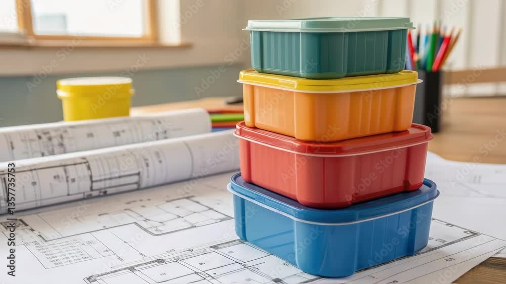 Aufkleber Medium closeup of several colorful containers stacked on one another juxtaposed with construction blueprints spread out on a nearby table representing design and planning.