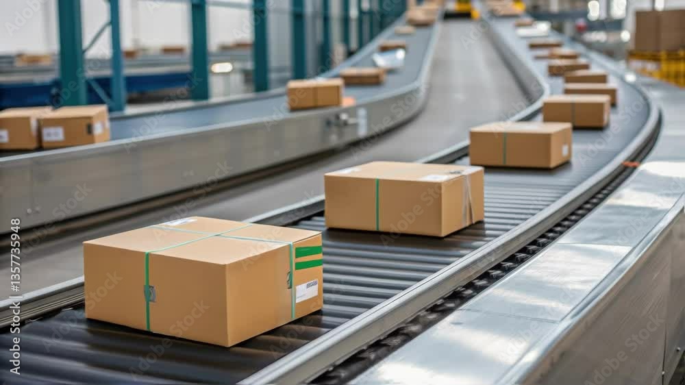 Aufkleber Medium closeup of the conveyor belt in motion with packages being transported smoothly along the surface capturing the functionality and efficiency of the system.