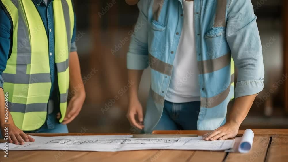 Aufkleber Medium closeup of two technicians collaborating examining blueprints spread across a wooden table with focused expressions.