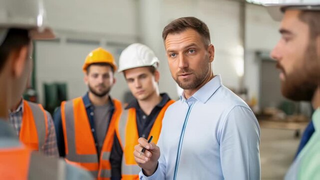 Medium Closeup of Training Session A supervisor demonstrates how to operate the newly installed machinery to a group of workers who watch attentively taking notes.