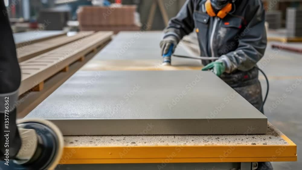 Poster surface treatment application a worker applying a surface treatment to a precast concrete panel illu