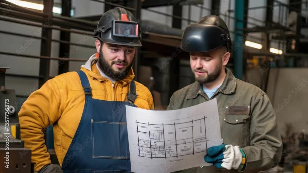 Poster Team Coordination A medium closeup of two welders communicating one pointing to a detailed blueprint while the other prepares to start welding.