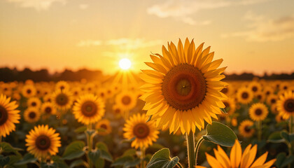 Fototapeta premium Sunflower field at sunrise, embracing nature's awakening