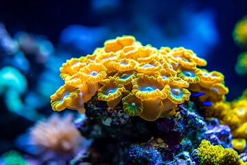 Obraz premium Vibrant yellow coral under blue ocean light in underwater reef