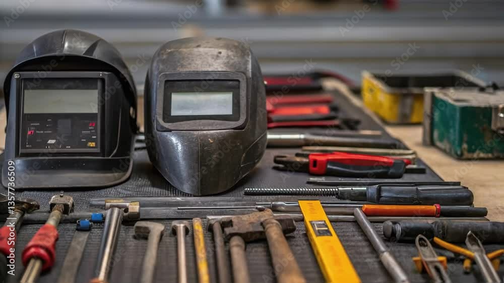 Leinwandbilder Toolset Focus A closeup of an organized array of welding tools and equipment laid neatly on a work surface highlighting their wear and functionality.