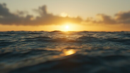 Obraz premium A serene sunset reflects on gently rippling ocean waves, creating a tranquil seascape filled with warm colors and soft clouds.