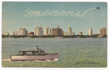 "Miami, The Magic City" – 1940s-50s skyline view. Vintage Florida postcard