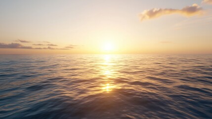 Fototapeta premium A serene sunset over a calm ocean, with gentle waves reflecting warm hues in the sky, creating a tranquil and picturesque landscape.