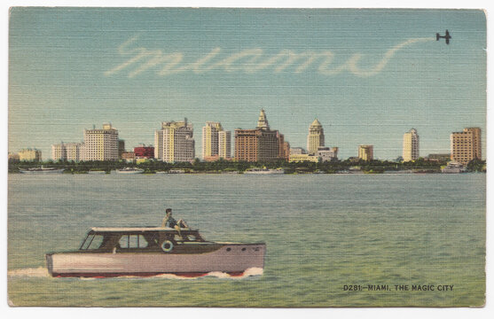 "Miami, The Magic City" &ndash; 1940s-50s skyline view. Vintage Florida postcard