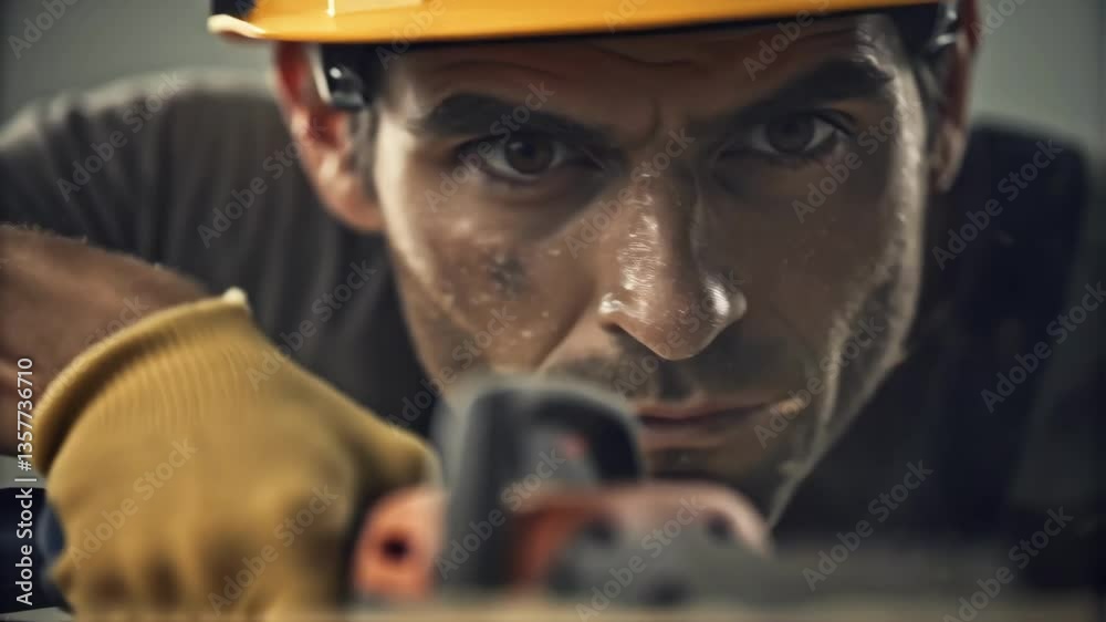 Aufkleber A closeup capturing the expression of focus on a workers face as they operate a saw dust particles visible in the air highlighting the intensity of the work environment.