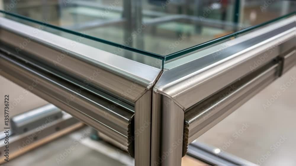 Poster a closeup focusing on the edge of a glass panel where it meets the steel illustrating the craftsmans