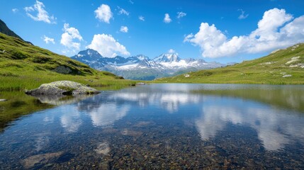 A serene mountain landscape featuring a tranquil lake reflecting the sky and surrounding peaks, with lush greenery framing the scene.
