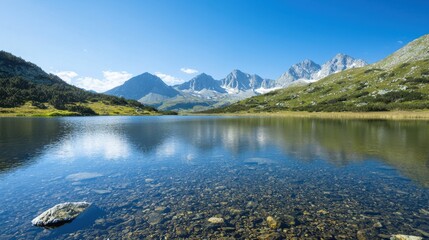 A serene lake reflects majestic mountains under a clear blue sky, surrounded by lush greenery, creating a tranquil natural landscape.