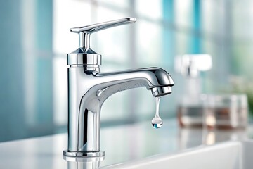 Chrome water faucet with dripping water drop