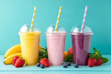 Colorful fruit smoothies in plastic cups with straws