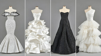 Elegant Dresses Displayed on Mannequins Against Gray Backdrop in Studio