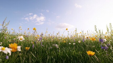 A vibrant field of wildflowers under a bright blue sky, showcasing a variety of colors and textures in nature.
