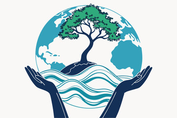 45 Earth-shaped landmass, blue ocean waves, green tree growing, environmental concept, global cooperation, hands supporting planet, surreal imagery, conservation metaphor, digital art, photorealistic 