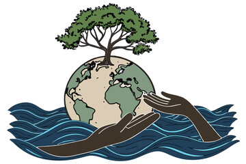 45 Earth-shaped landmass, blue ocean waves, green tree growing, environmental concept, global cooperation, hands supporting planet, surreal imagery, conservation metaphor, digital art, photorealistic 