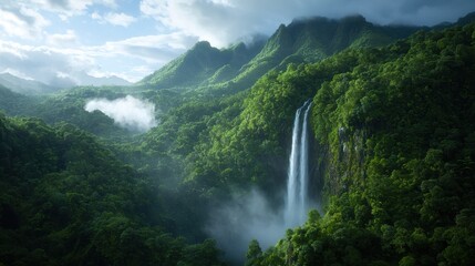 Fototapeta premium A breathtaking landscape featuring lush greenery, a majestic waterfall, and distant mountains under a partly cloudy sky.
