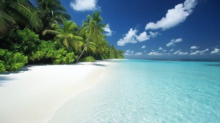 Idyllic tropical beach paradise with turquoise water and swaying palm trees