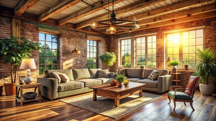 Fototapeta premium Rustic Farmhouse Interior Design: Cozy Living Room with Natural Light