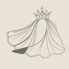 Crowned dress illustration with flowing fabric on a neutral background  