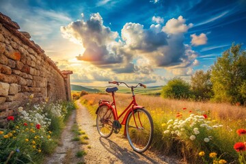 Fototapeta premium Rustic Italian Landscape: Vintage Red Bicycle on Country Road